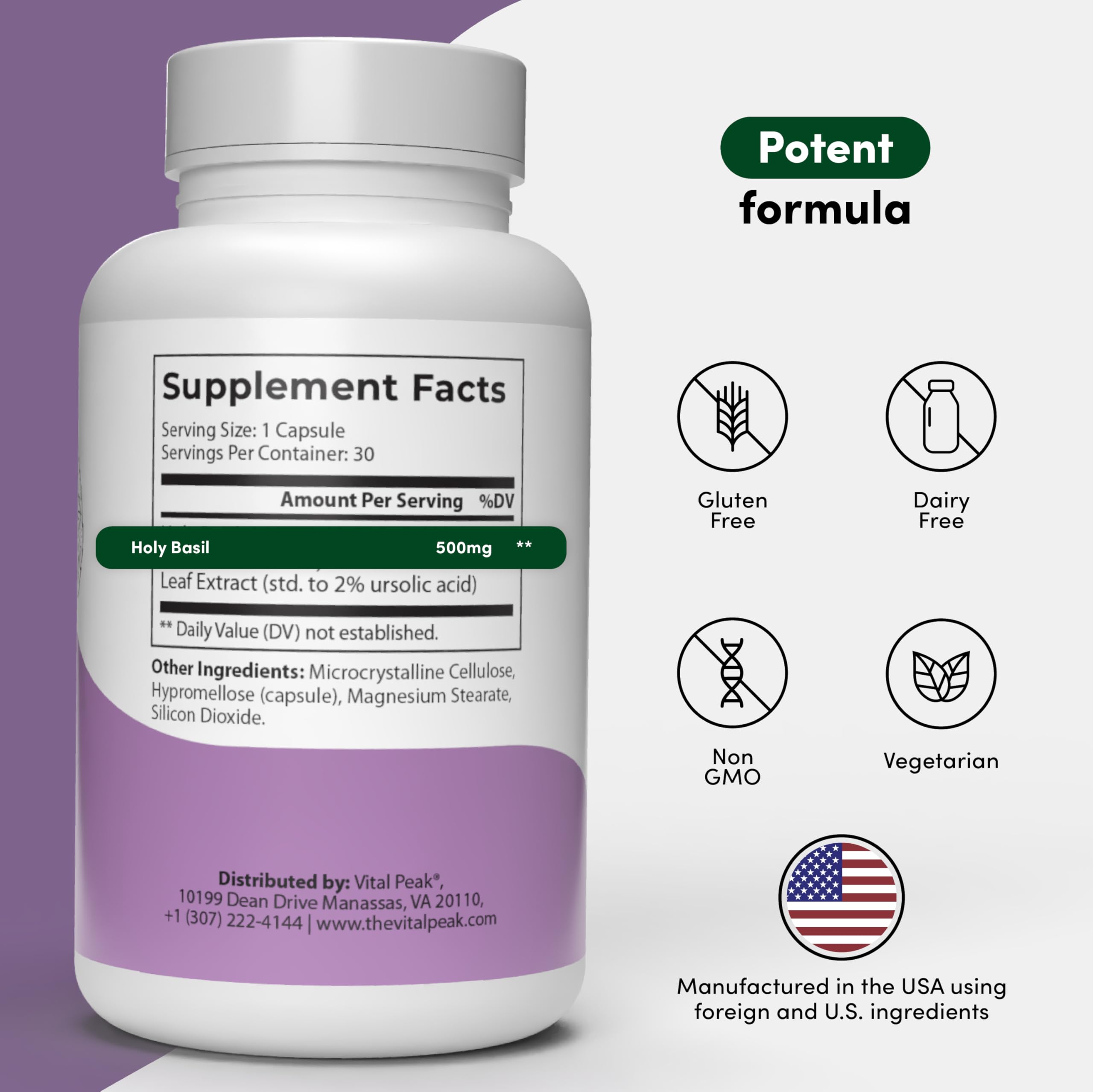 Vital Peak Holy Basil vegetarian capsules label details