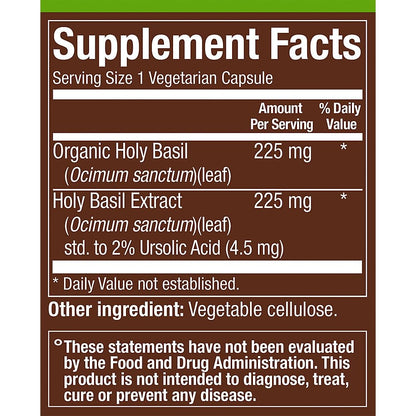 Plnt Full Spectrum Holy Basil 60 vegetarian capsules label details