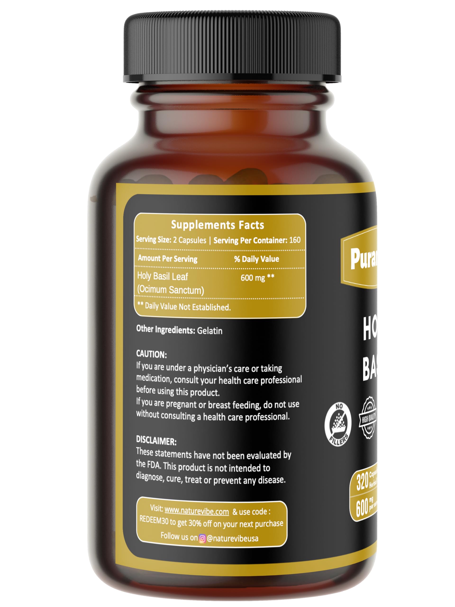 Puranicals Holy Basil 320 Capsules bottle label details