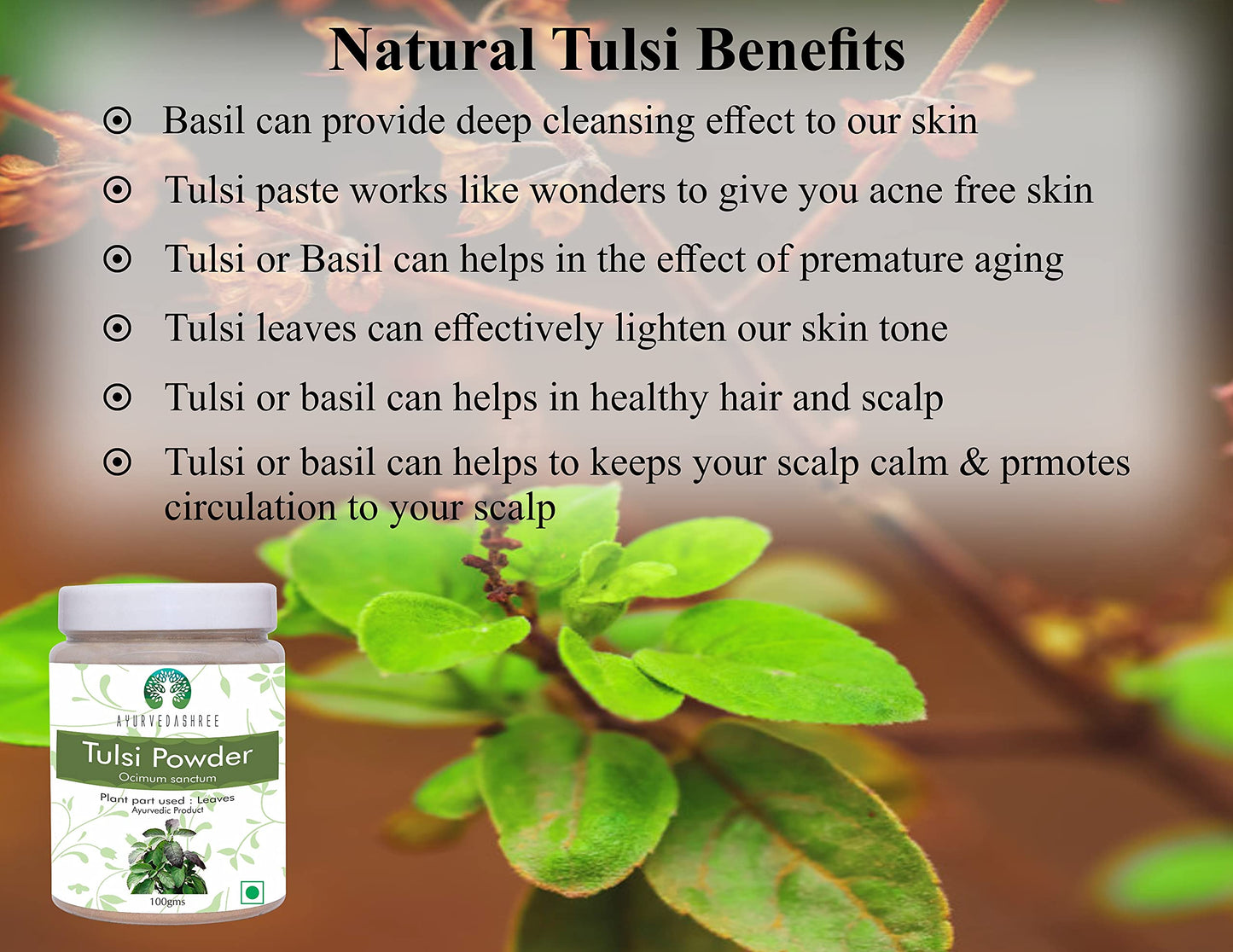 Ayurvedashree Tulsi powder jar side view showing ingredients