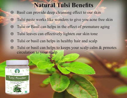 Ayurvedashree Tulsi powder jar side view showing ingredients