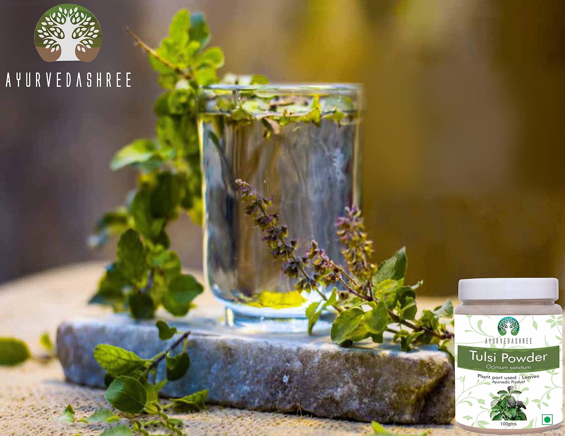 Close up of pure organic Tulsi leaf powder particles