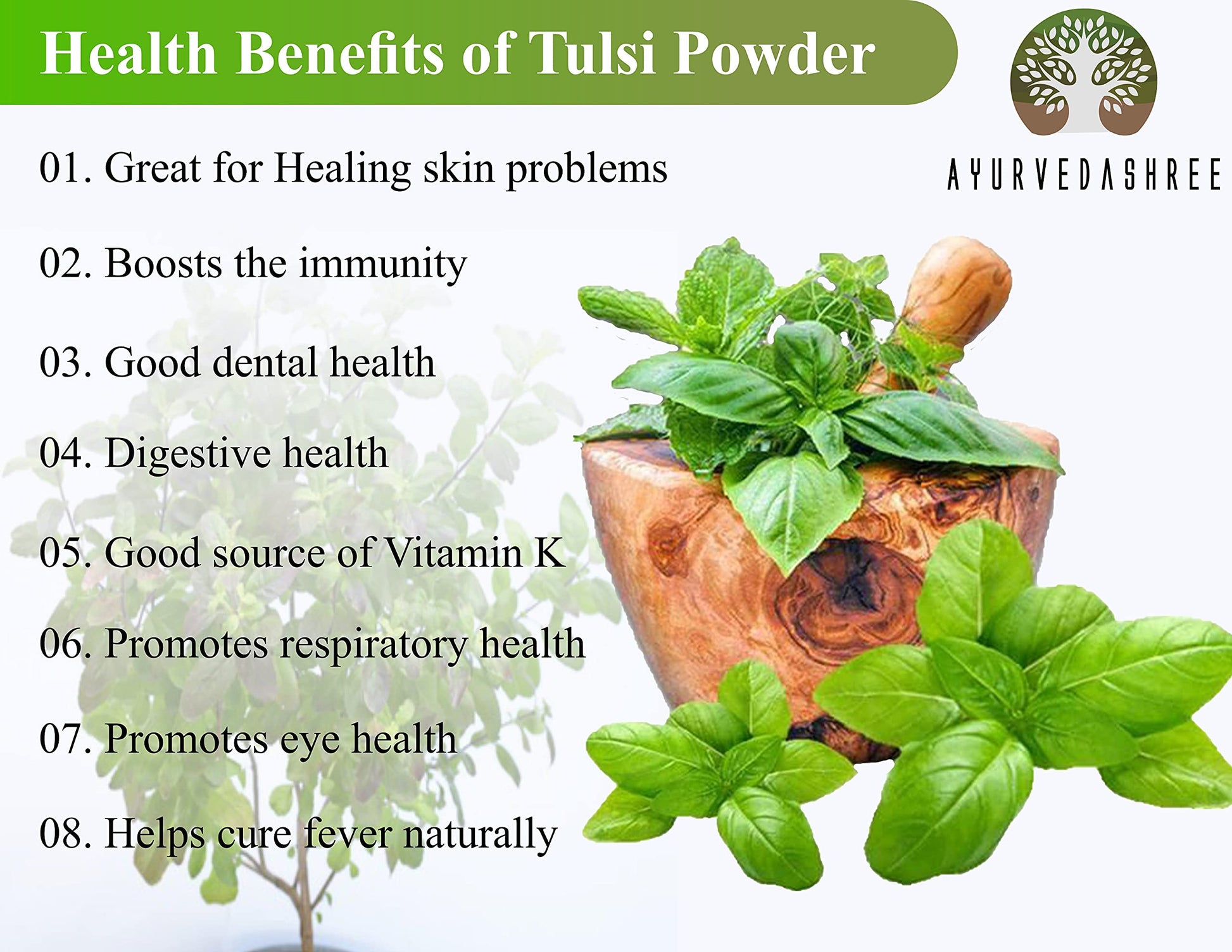 Ayurvedashree Tulsi powder jar on a clean minimal background