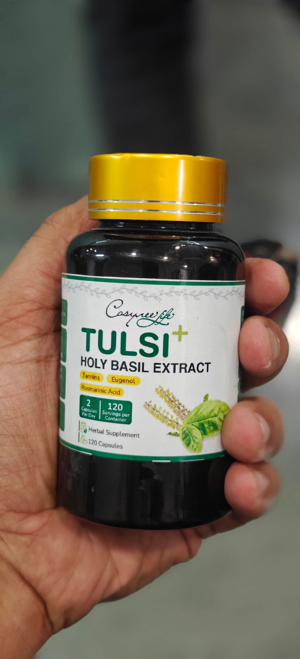 Group of Cosynee Life Tulsi capsules outside the bottle