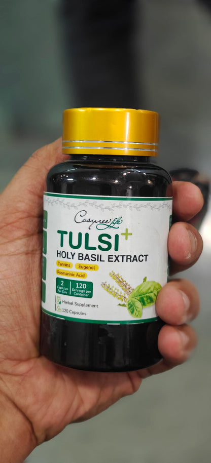 Group of Cosynee Life Tulsi capsules outside the bottle
