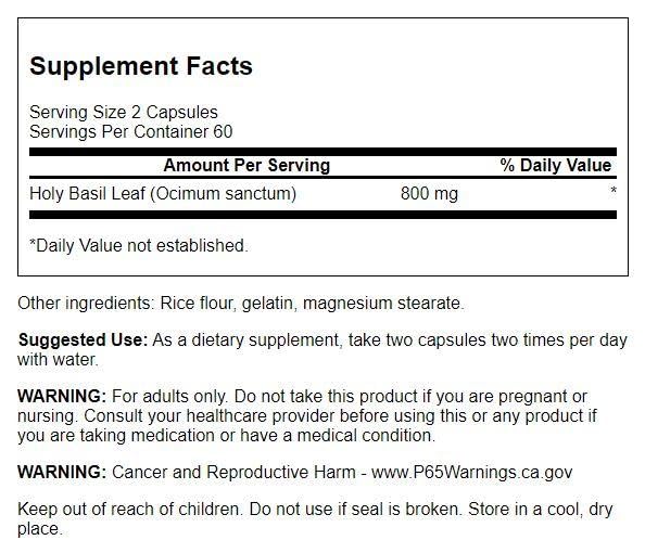 Close up of Swanson Holy Basil 800mg capsule bottle