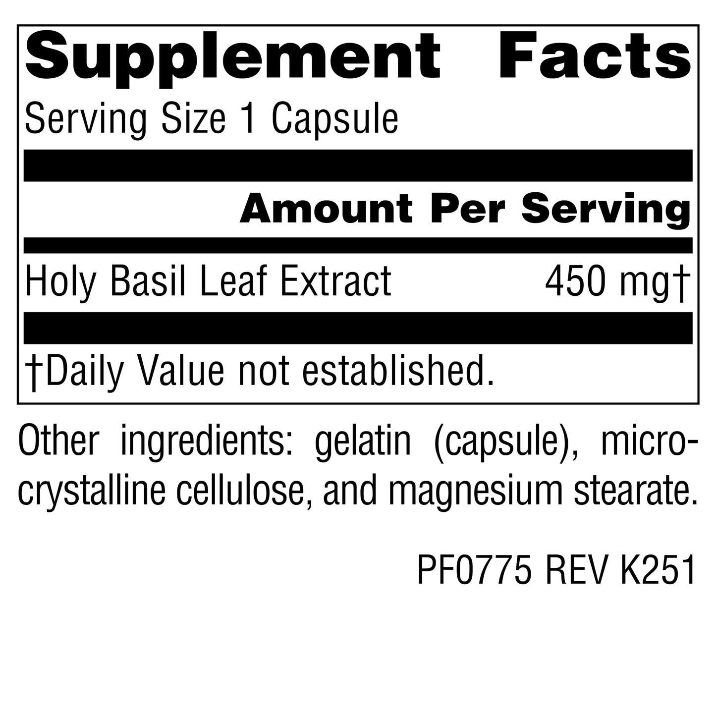 Close up of Planetary Herbals Holy Basil 450 milligrams bottle
