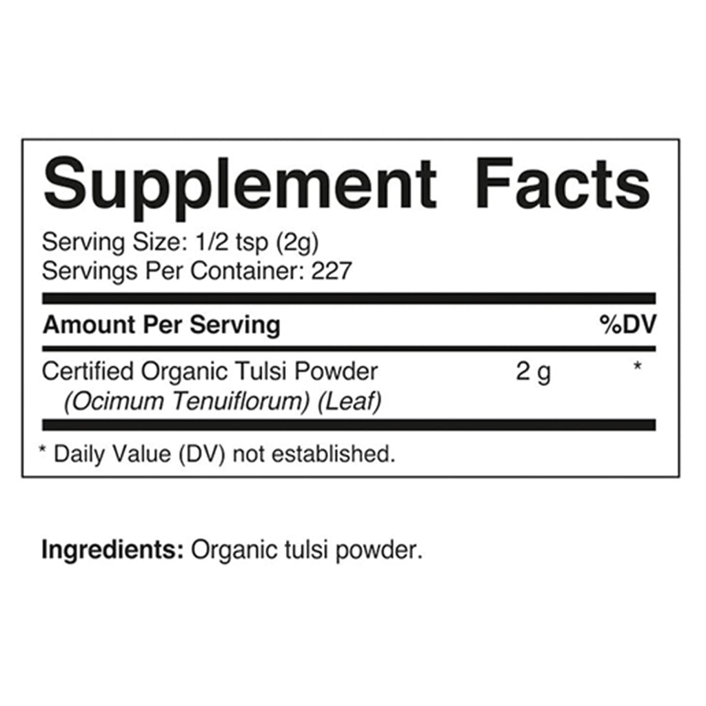 Vitamatic Tulsi powder packaging label with organic certification