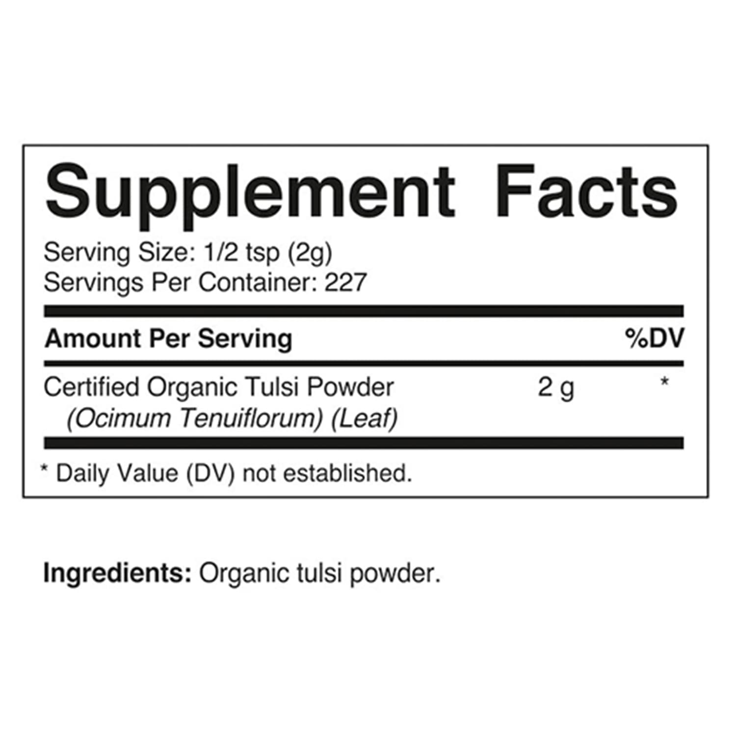 Vitamatic Tulsi powder packaging label with organic certification