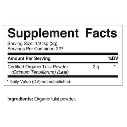 Vitamatic Tulsi powder packaging label with organic certification