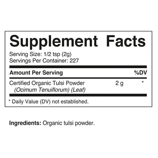 Vitamatic Tulsi powder packaging label with organic certification