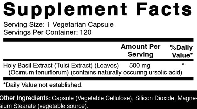 Close up of Oxify Holy Basil 120 vegetarian capsules label