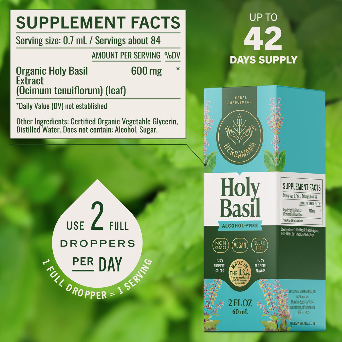 Side view of Herbamama Tulsi herbal supplement bottle