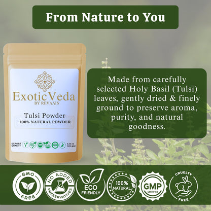 Exotic Veda Tulsi powder lifestyle shot with herbal tea