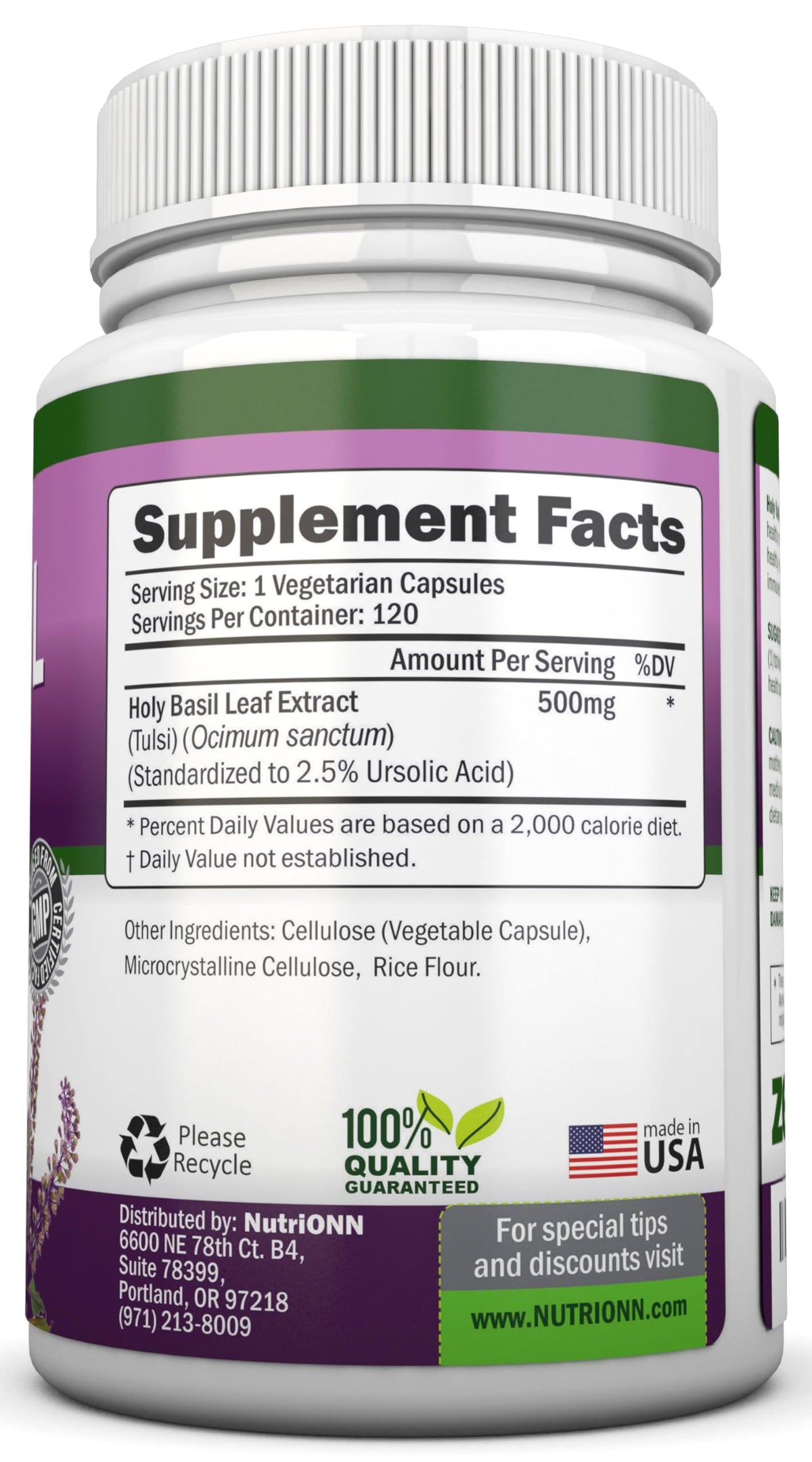 Close up of NutriONN Tulsi extract bottle label
