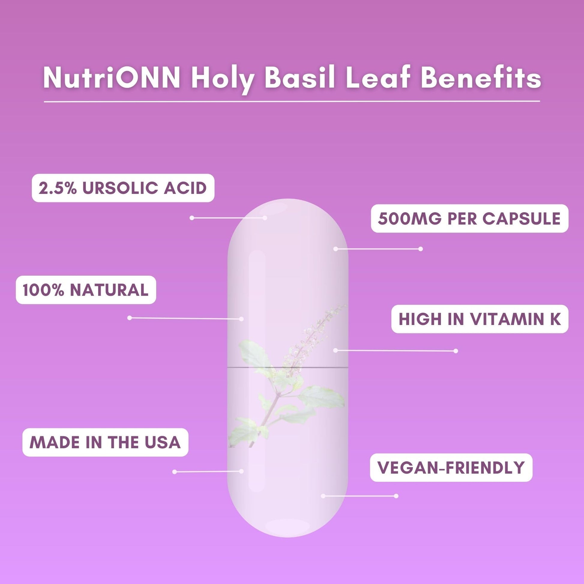 Side profile of 120 vegan Holy Basil capsules bottle