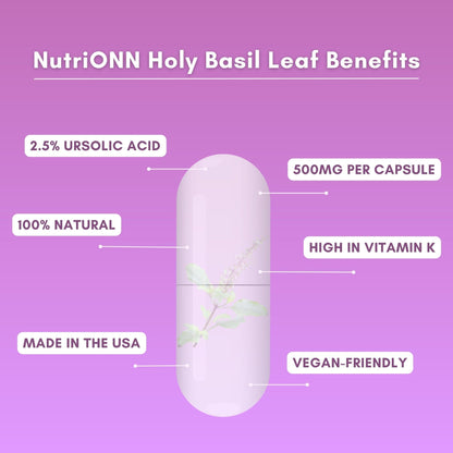 Side profile of 120 vegan Holy Basil capsules bottle