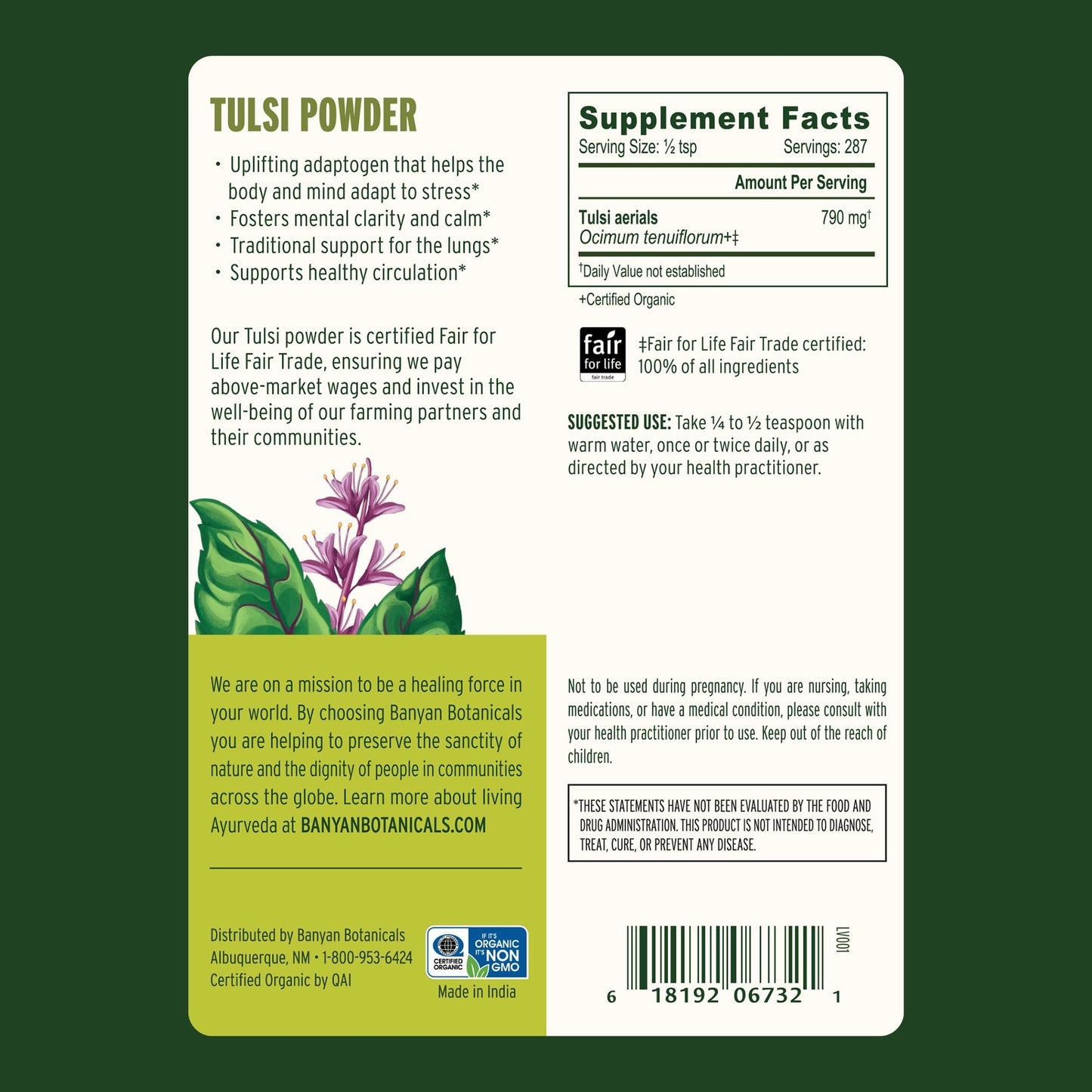 USDA organic seal on Banyan Botanicals Tulsi product