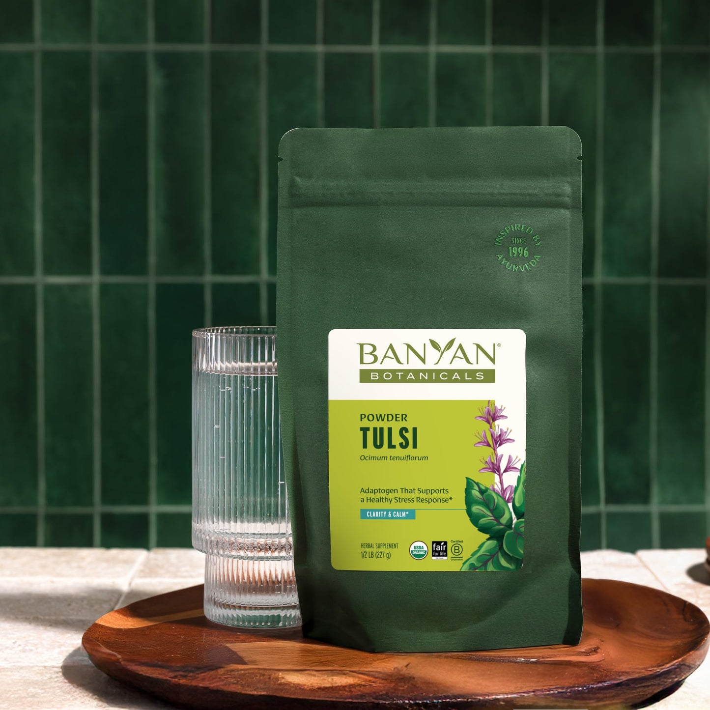 Texture and color of Banyan Botanicals Tulsi herbal powder