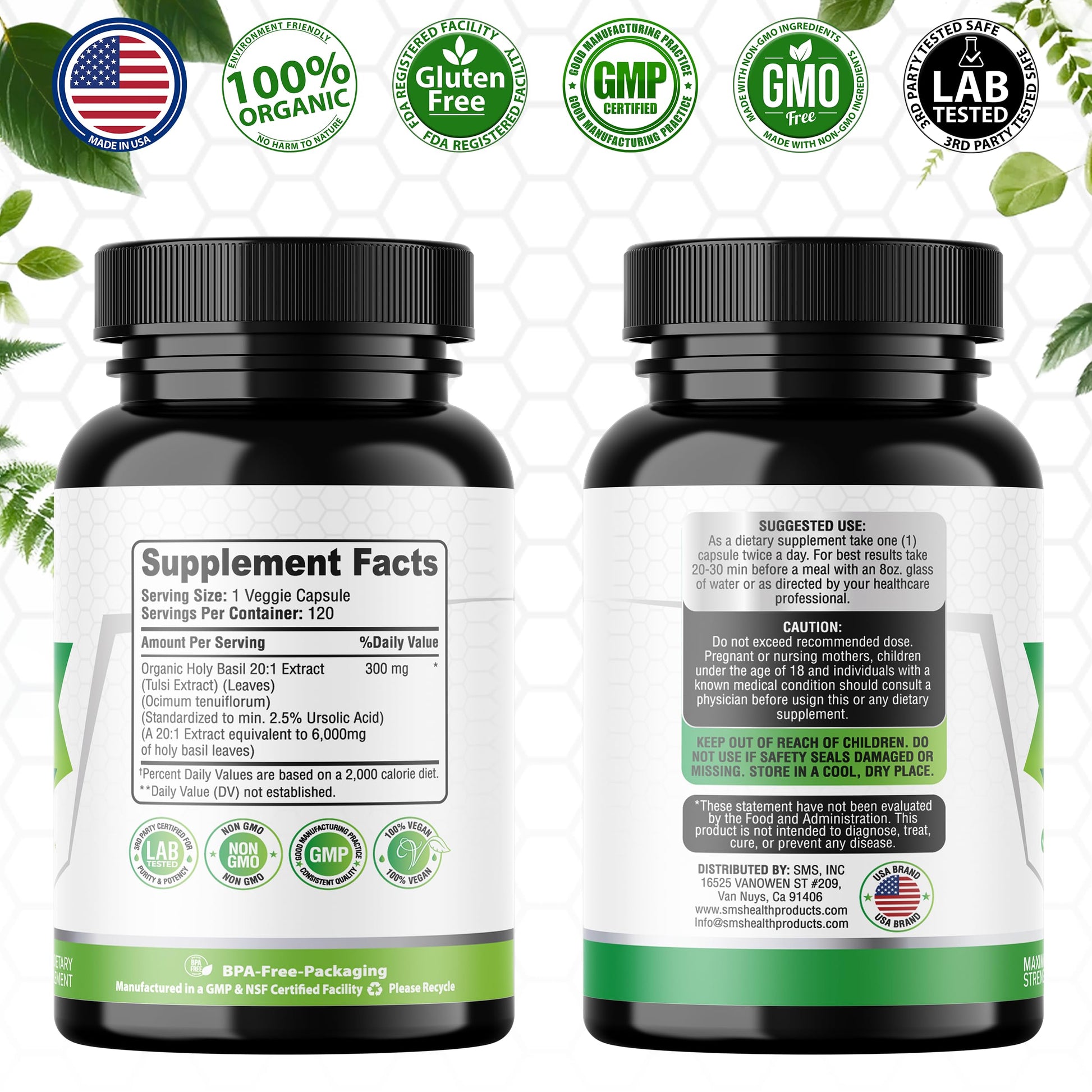 Back of bottle showing supplement facts for Holy Basil extract
