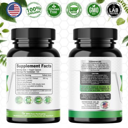 Back of bottle showing supplement facts for Holy Basil extract