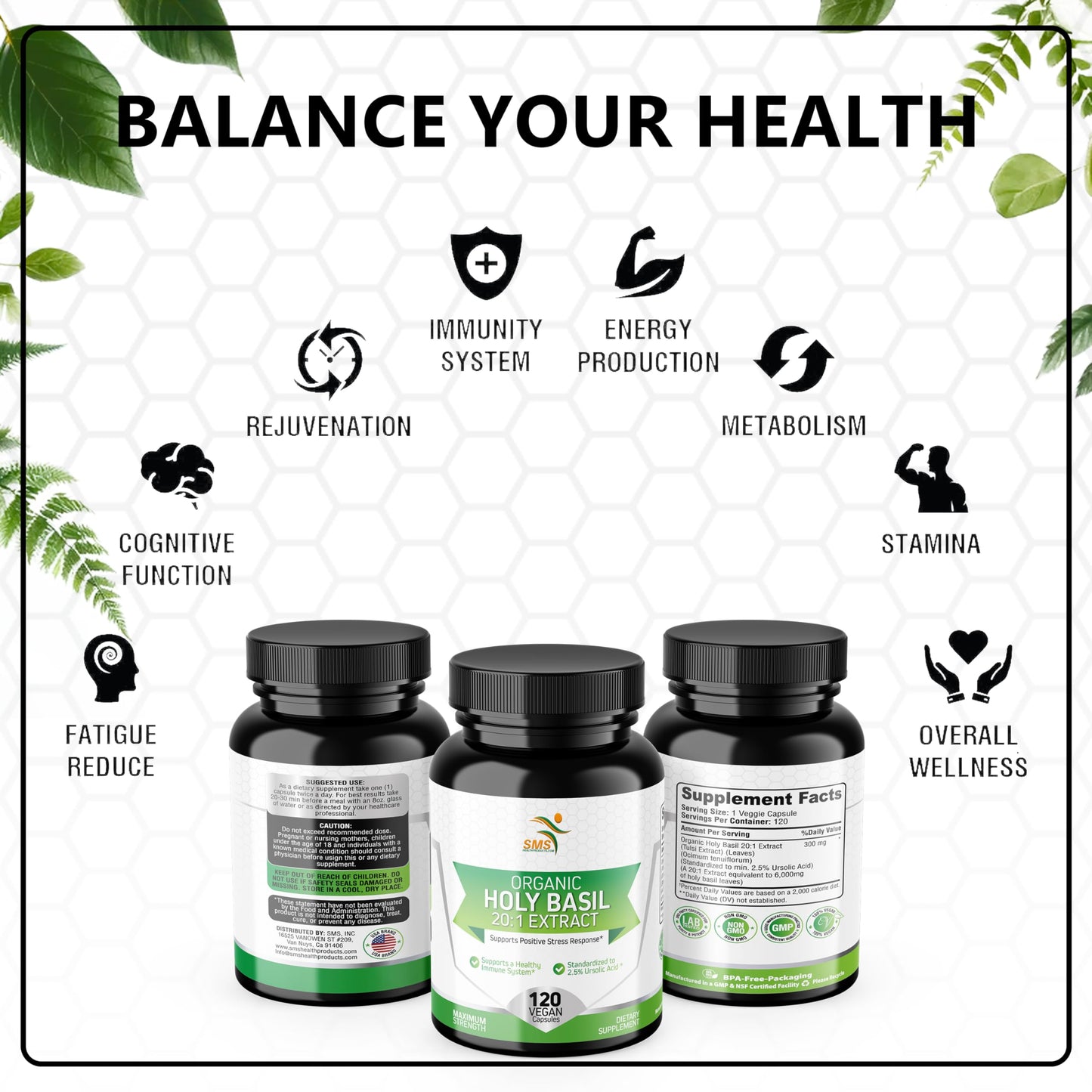 Top view of Sms Health Products Holy Basil supplement bottle