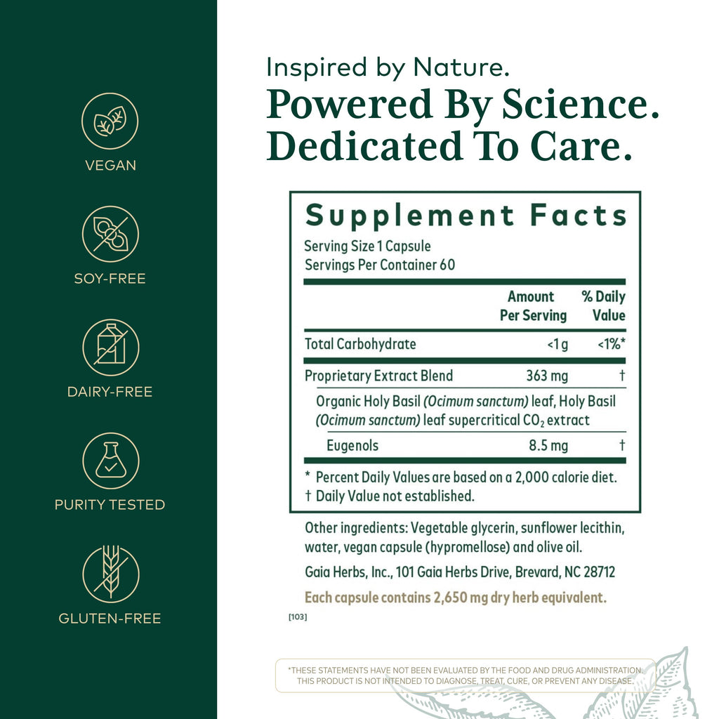 Gaia Herbs Pro Holy Basil label supplement facts