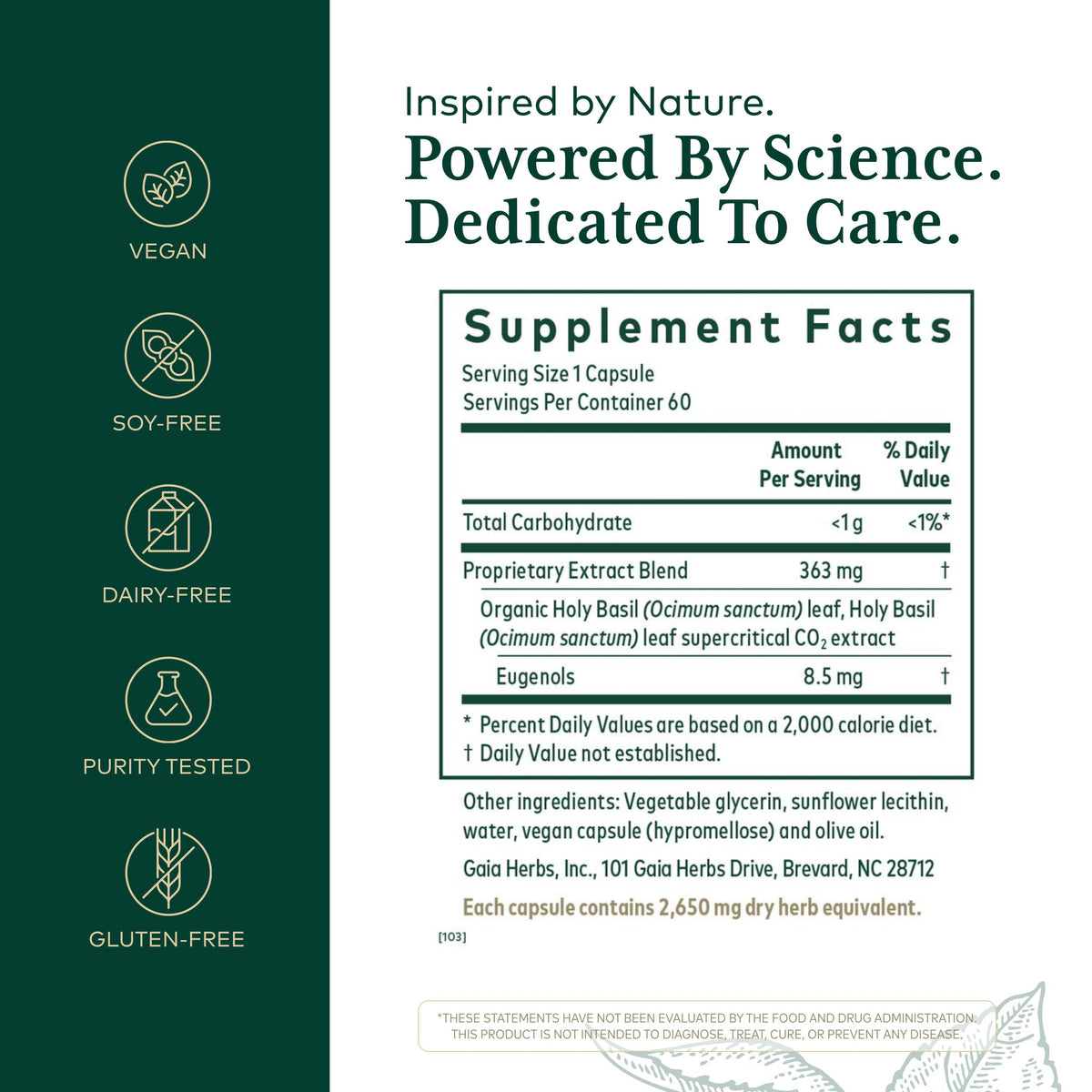 Gaia Herbs Pro Holy Basil label supplement facts