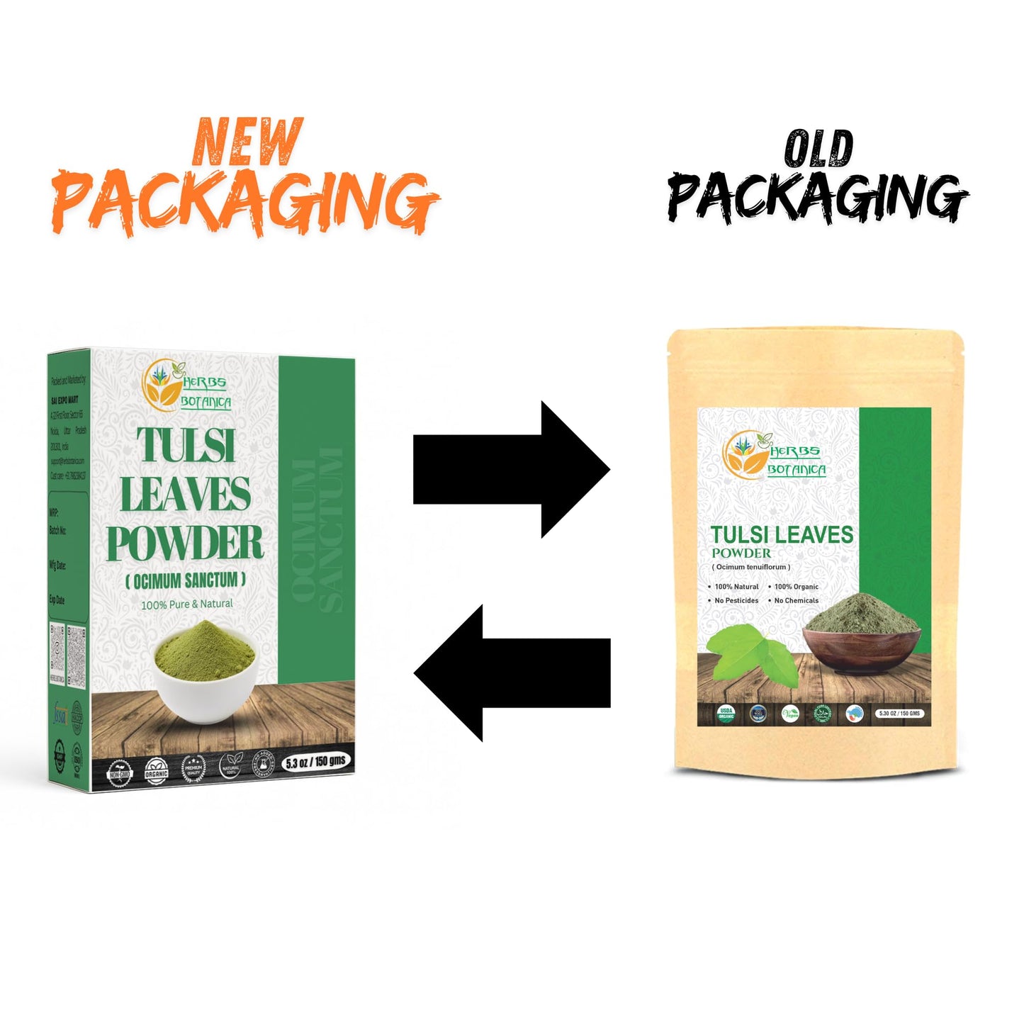 Herbs Botanica Tulsi Powder 150 grams packaging label