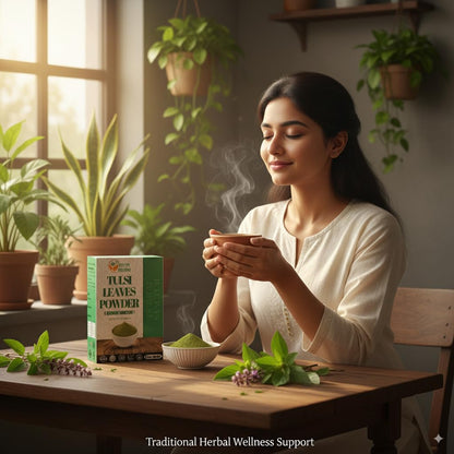 Pure holy basil powder texture in a bowl