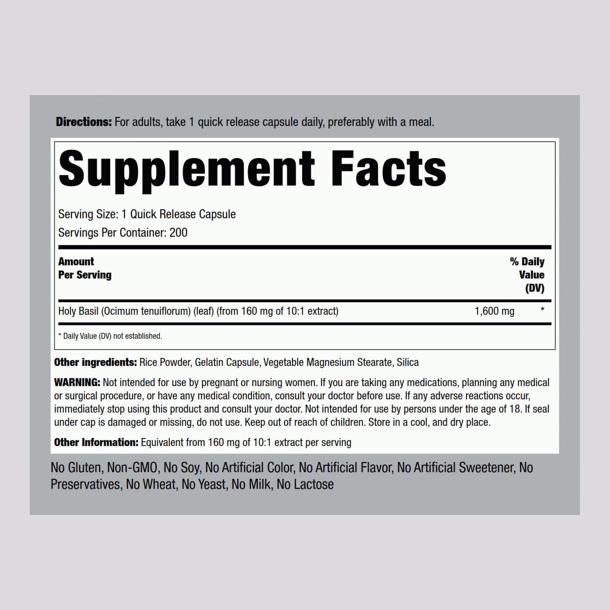 Piping Rock Holy Basil bottle label details