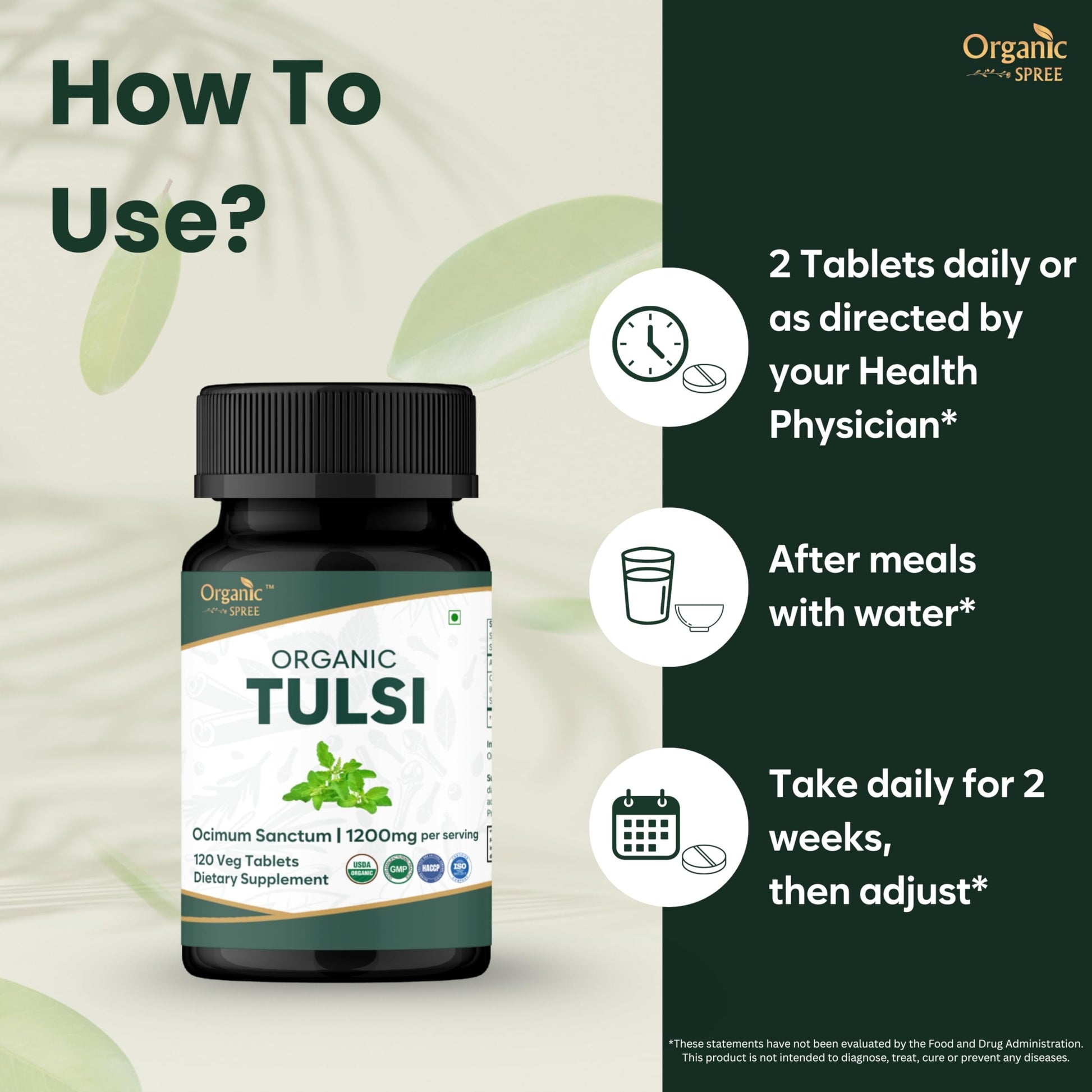 Organic Spree Tulsi Holy Basil tablet texture and bottle size