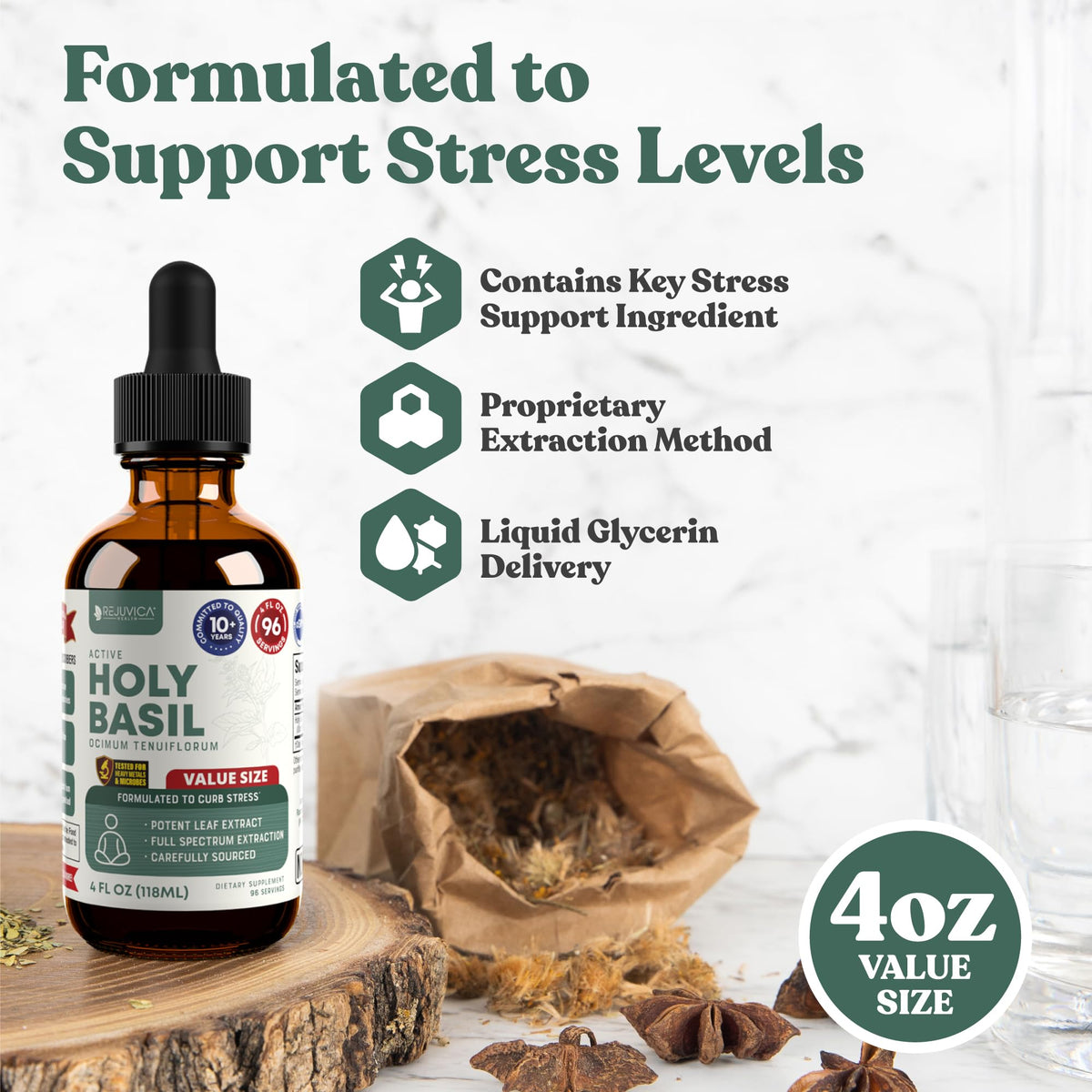 Rejuvica Health Active Holy Basil liquid supplement bottle label details