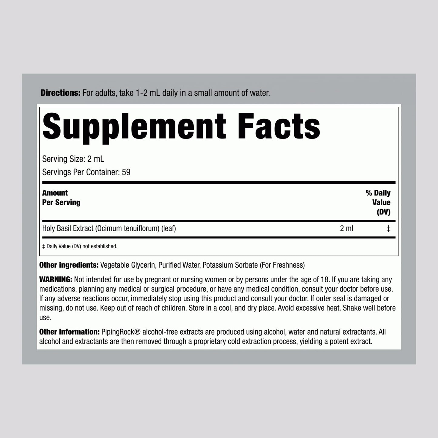 Piping Rock Tulsi Leaf Tincture label details