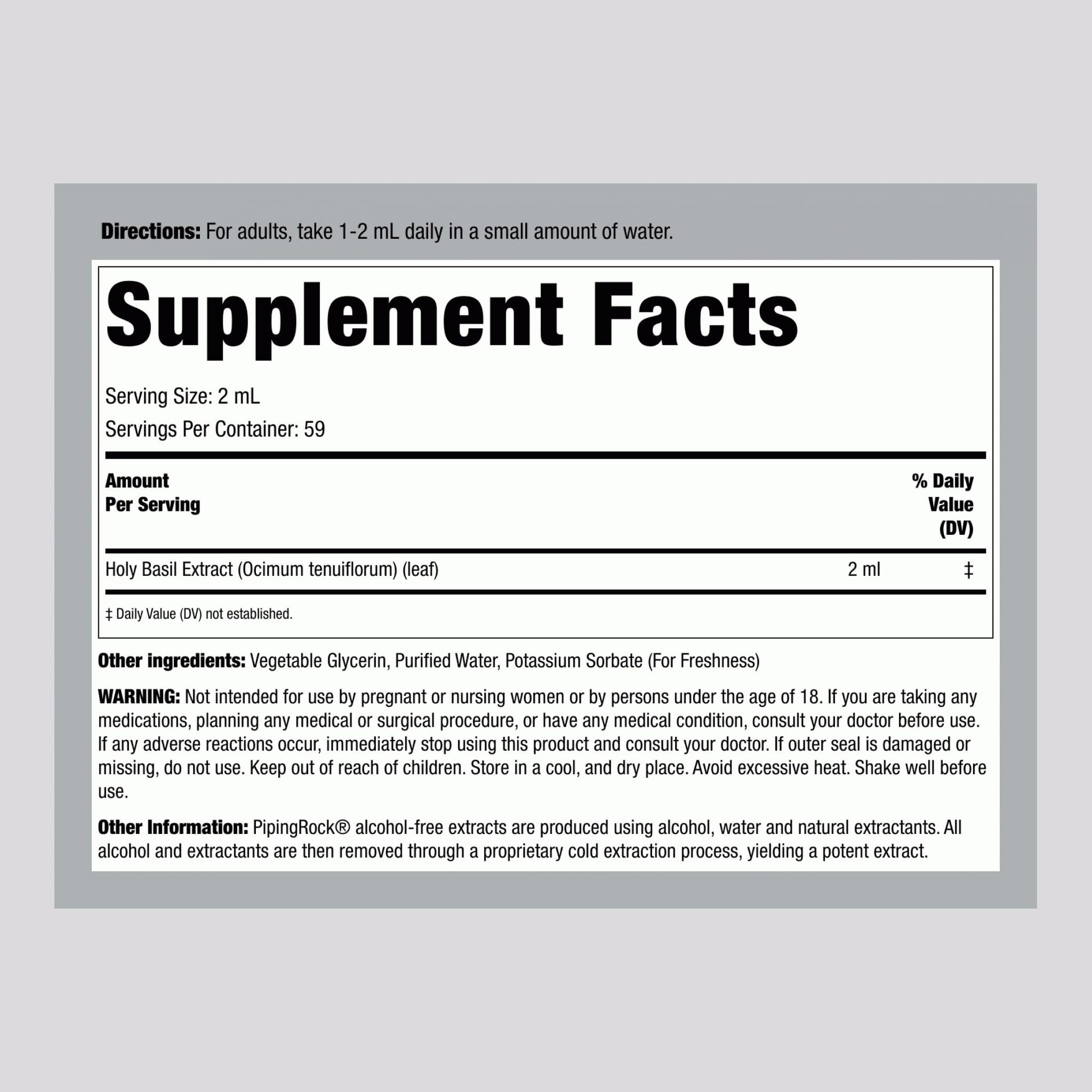 Piping Rock Tulsi Leaf Tincture label details
