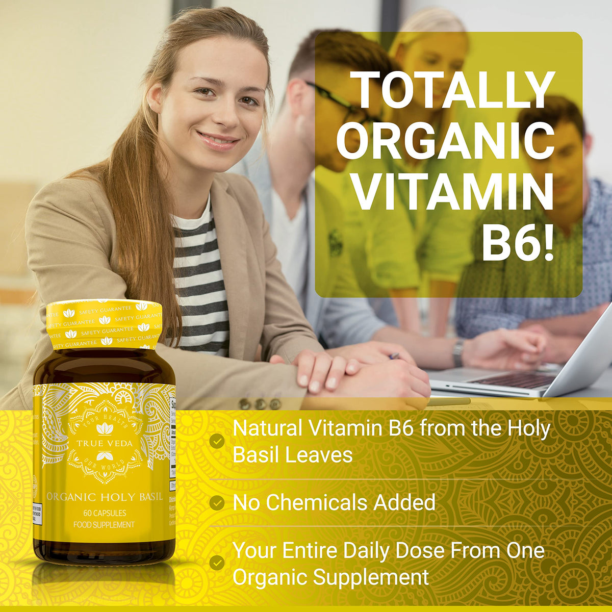 Close up of True Veda Tulsi capsules label details