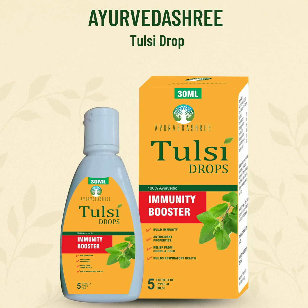 Ayurvedashree Tulsi Drops packaging and label