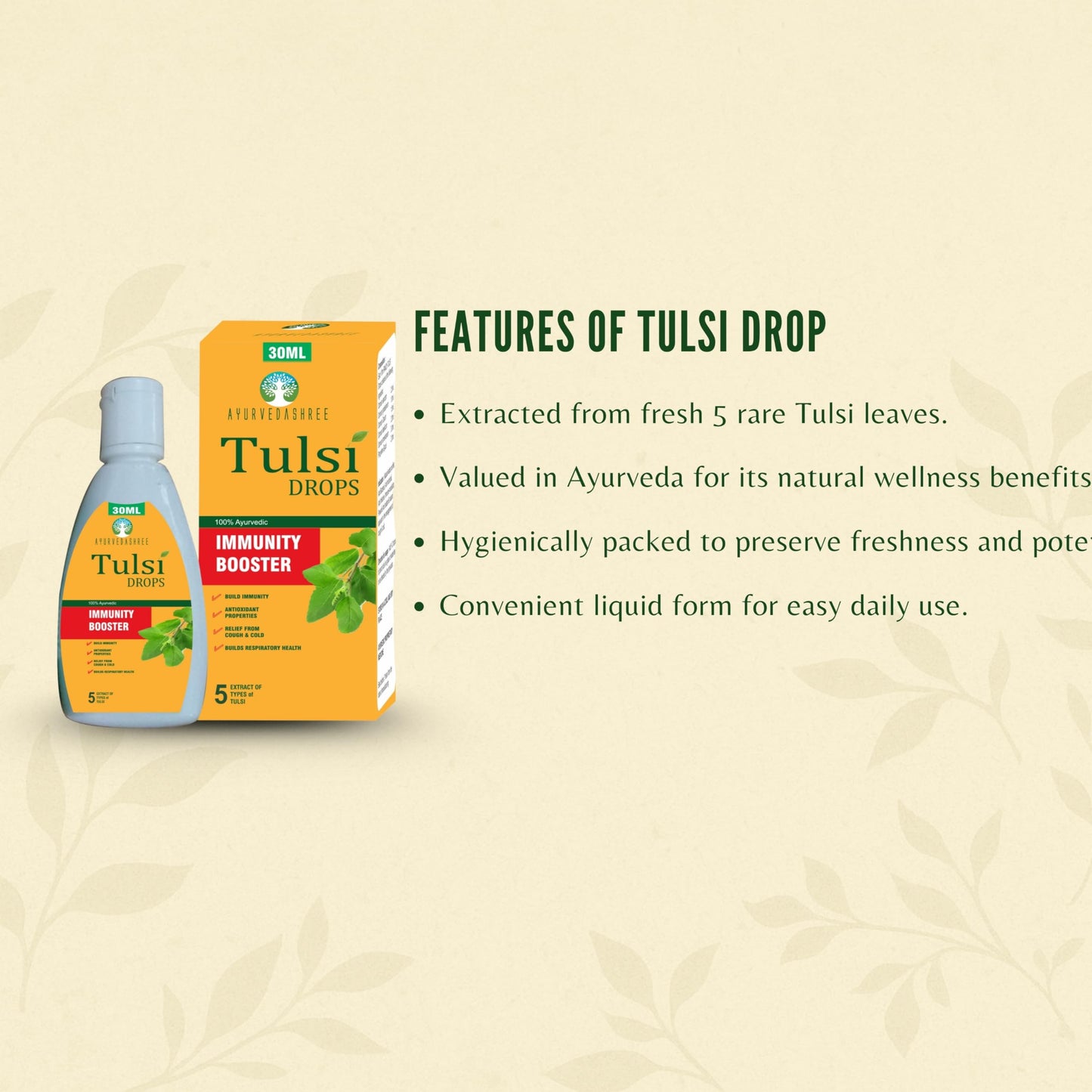 Ayurvedashree Tulsi Drops showing 5 rare tulsi ingredients