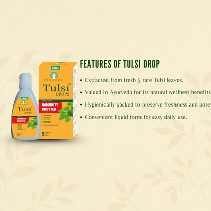 Ayurvedashree Tulsi Drops showing 5 rare tulsi ingredients