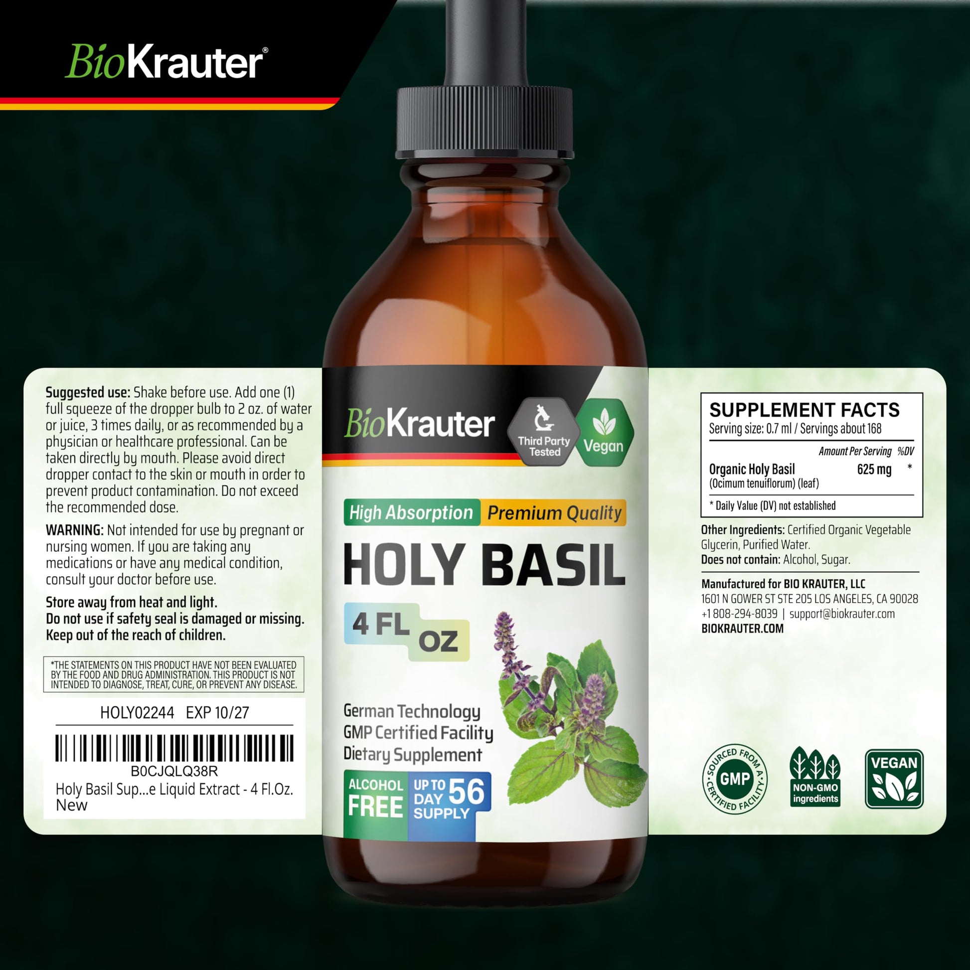 Bio Krauter brand holy basil tincture 4 ounce bottle