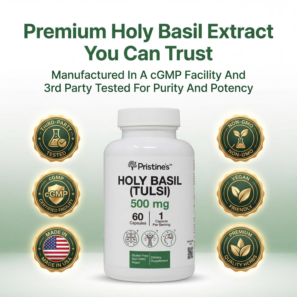 Pristine's Holy Basil supplement bottle showing 60 capsule count