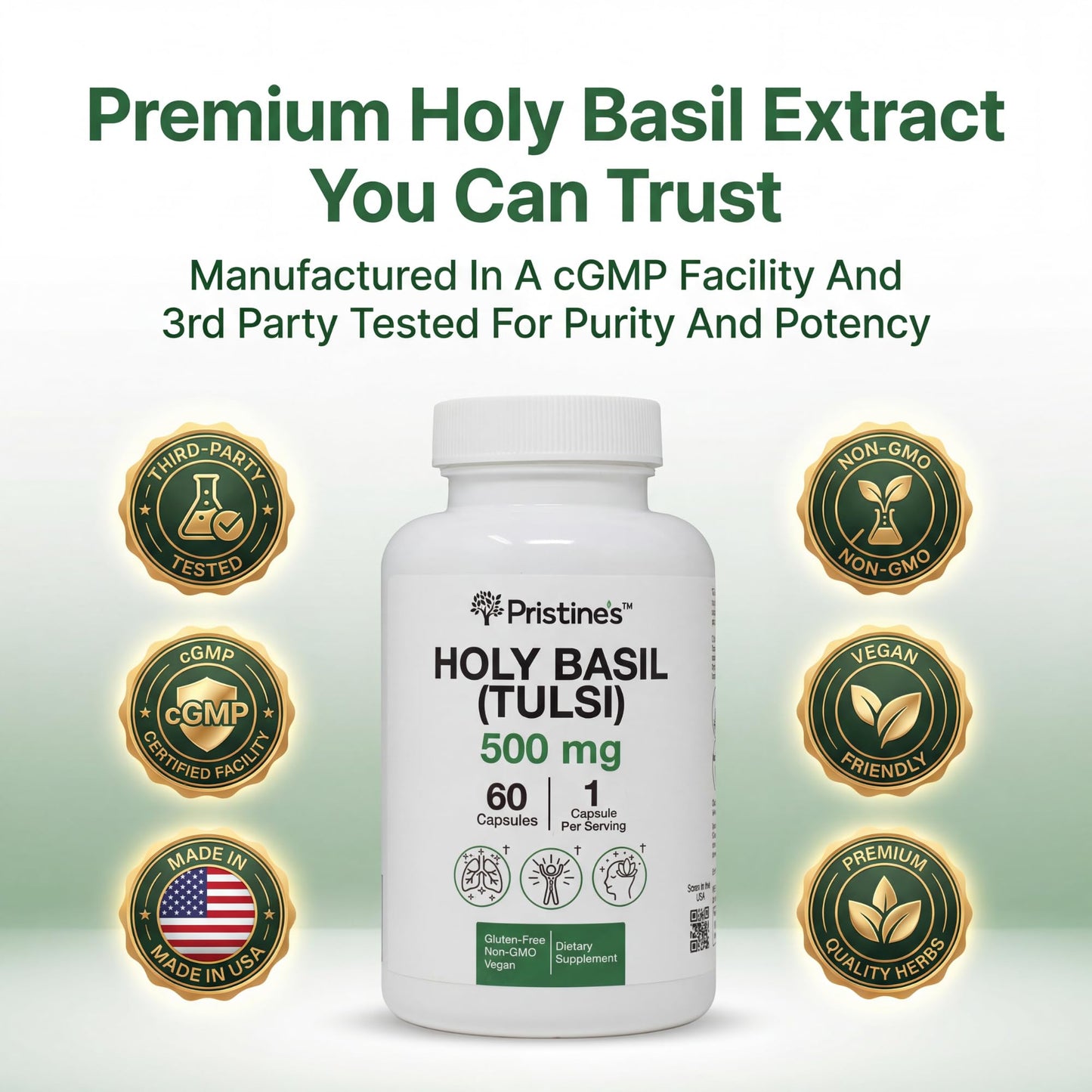 Pristine's Holy Basil supplement bottle showing 60 capsule count