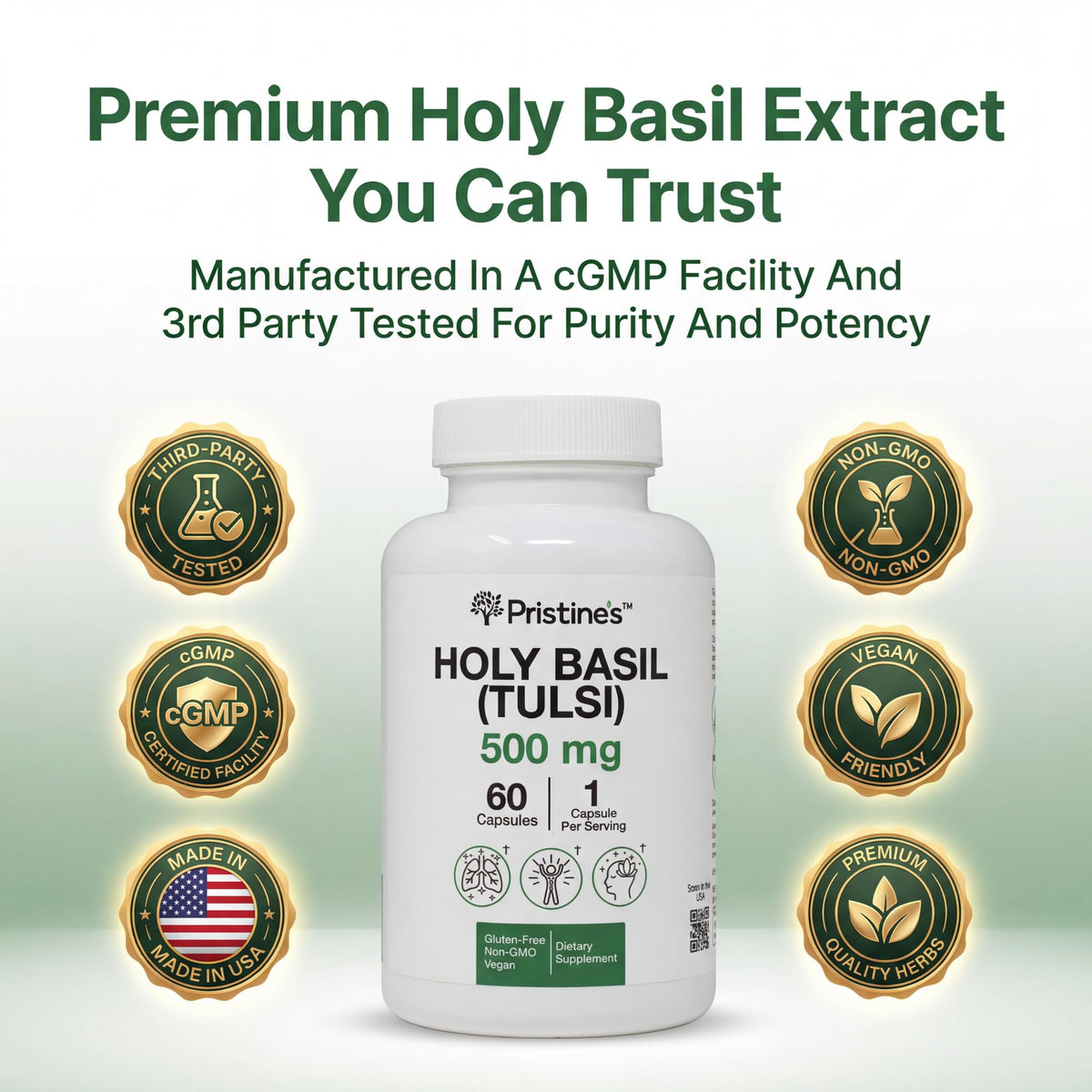 Pristine's Holy Basil supplement bottle showing 60 capsule count