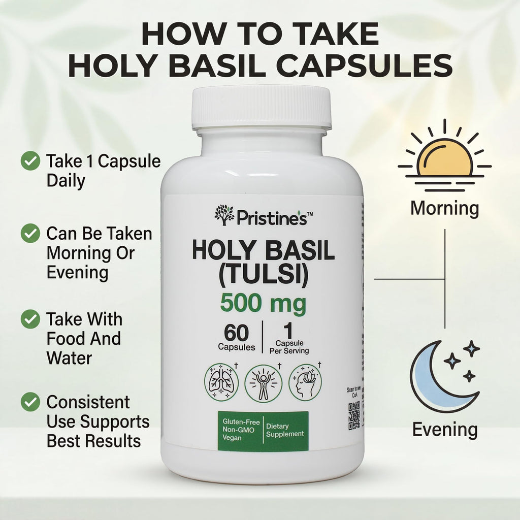 Close up of Pristine's Holy Basil immunity support label