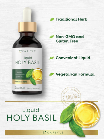 Carlyle Tulsi extract bottle next to a glass of water