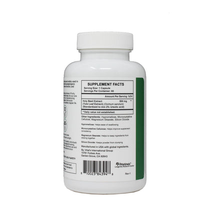 Premium imported Pristine's Holy Basil bottle packaging