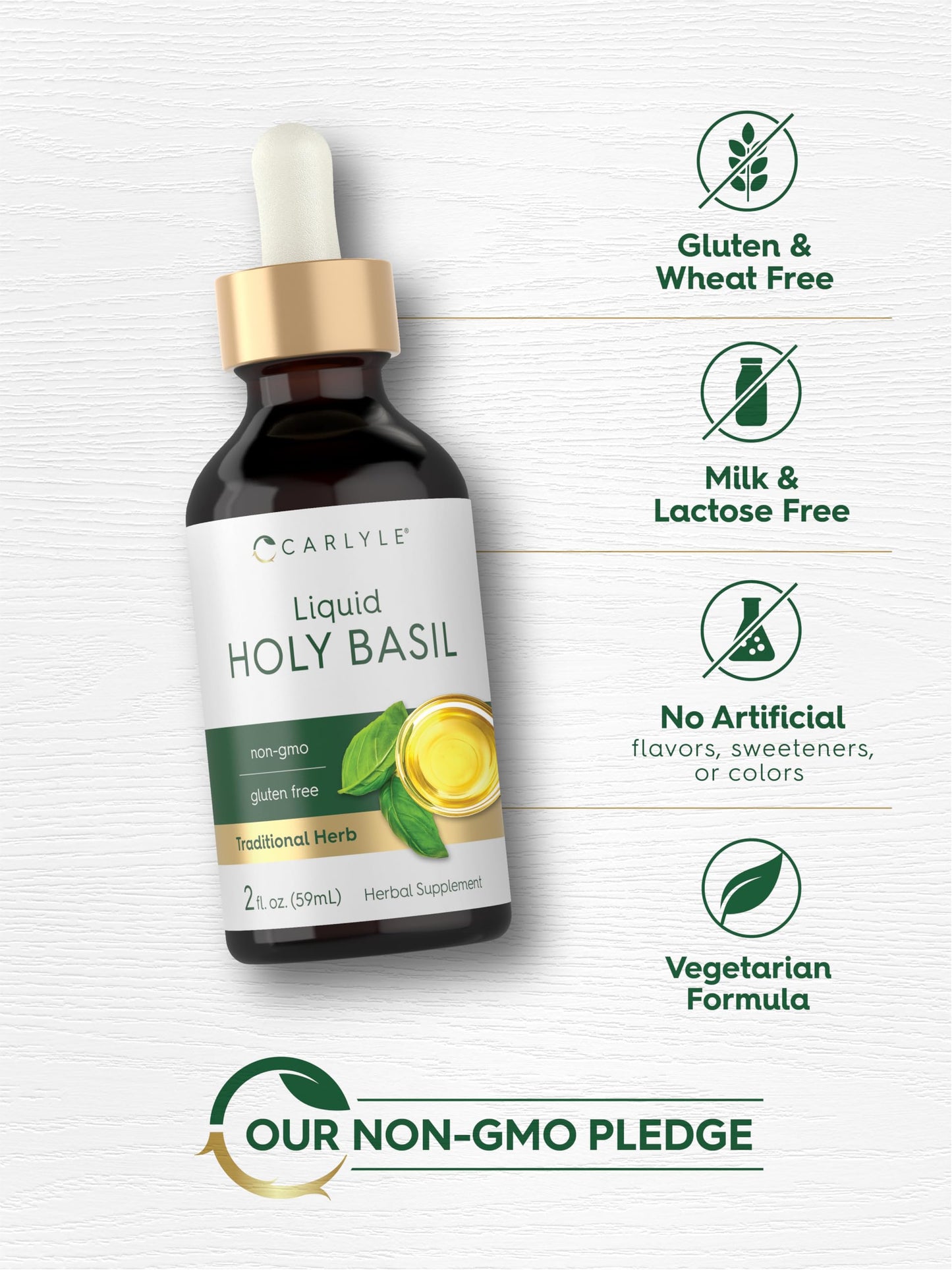 Close up of the Carlyle Holy Basil 2 fluid ounce packaging
