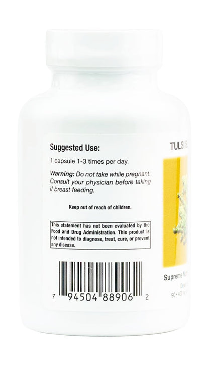 Back view of Supreme Nutrition Tulsi Supreme supplement bottle