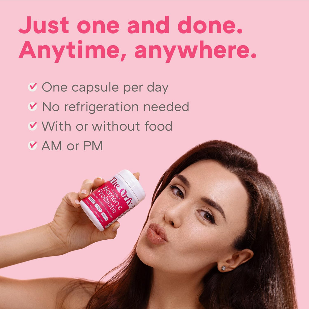 Close up of The Orfy probiotic bottle showing 30 capsules count