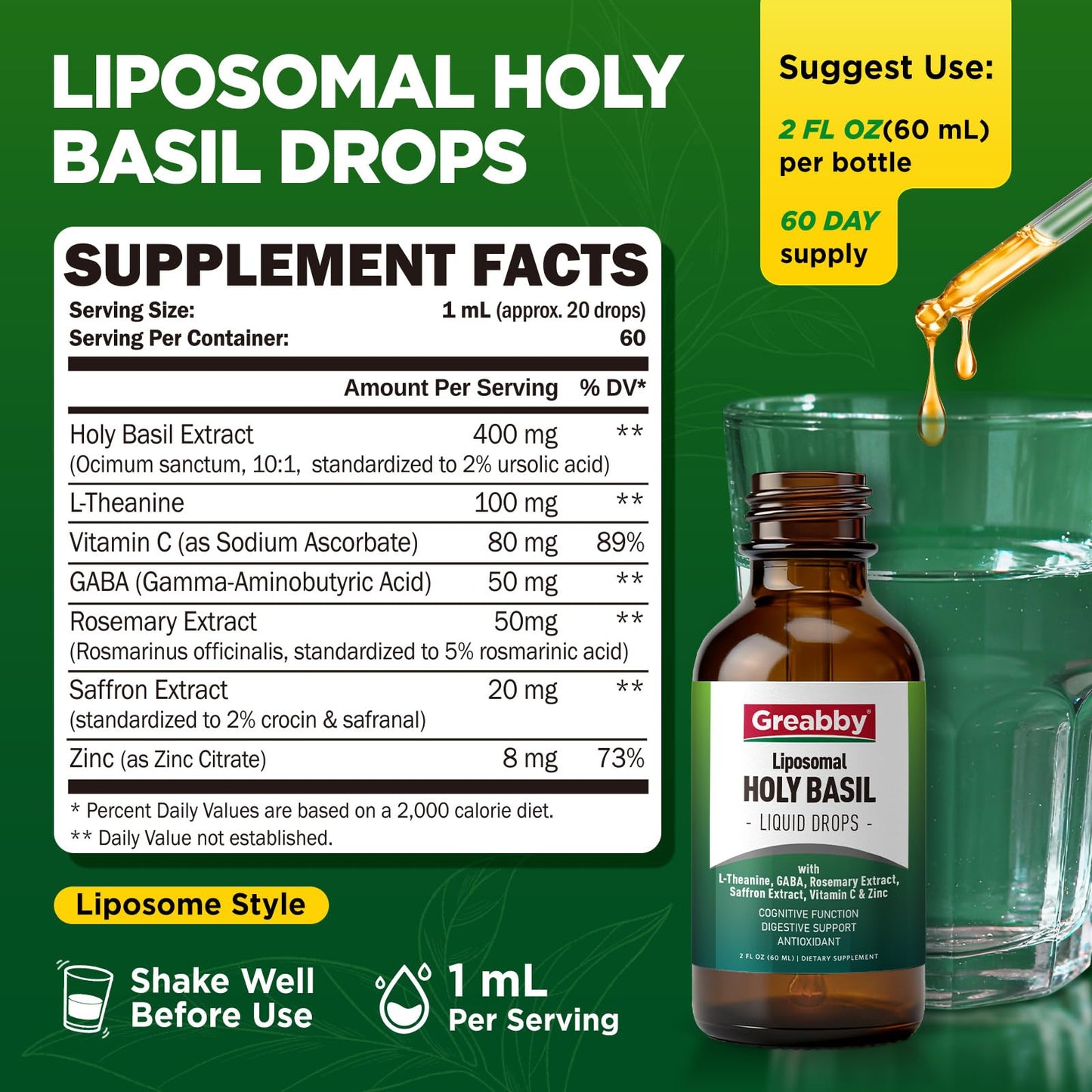 Label details of Greabby liquid saffron and rosemary supplement